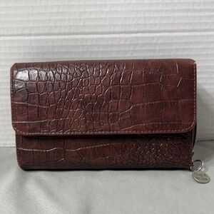 Vtg Brown Faux Crocodile Embossed Womens Clutch Wallet Travel Boho Compartments